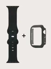 3 In 1 Silicone Watchband & Case & Screen Protection Tempered Film Set Compatible With Apple Watch - Black - View 2