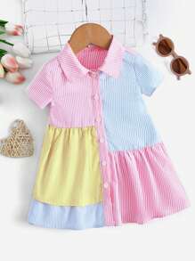Baby Striped Print Colourblock Ruffle Hem Smock Dress - Multicolor - View 1