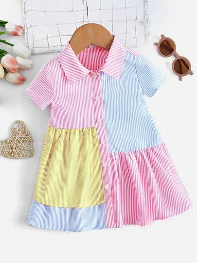 Baby Girl Striped Print Colorblock Ruffle Hem Smock Dress