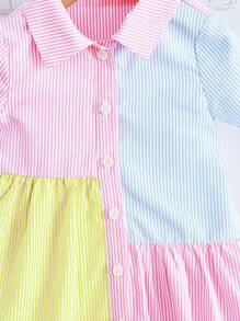 Baby Striped Print Colourblock Ruffle Hem Smock Dress - Multicolor - View 3