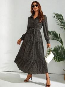 SHEIN Privé Đầm Thắt lưng Viên lá sen Nút phía trước Tất cả trên in Boho - màu đen - Xem 1