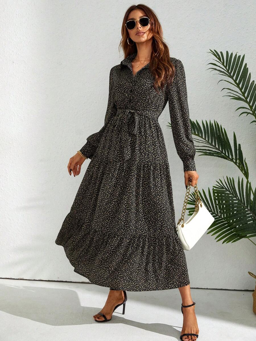 SHEIN Privé Đầm Thắt lưng Viên lá sen Nút phía trước Tất cả trên in Boho - màu đen - Xem 1