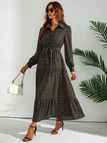 SHEIN Privé Đầm Thắt lưng Viên lá sen Nút phía trước Tất cả trên in Boho - màu đen - Xem 4