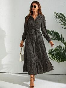 SHEIN Privé Đầm Thắt lưng Viên lá sen Nút phía trước Tất cả trên in Boho - màu đen - Xem 5