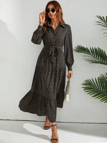 SHEIN Privé Đầm Thắt lưng Viên lá sen Nút phía trước Tất cả trên in Boho - màu đen - Xem 6