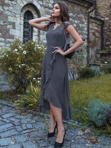 MIUSOL V 领花卉蕾丝荷叶边装饰雪纺晚会正式长裙，优雅女士派对礼服，适合婚礼宾客、毕业典礼、晚宴 - 灰色 - 查看 6