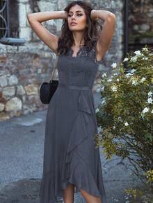 MIUSOL V 领花卉蕾丝荷叶边装饰雪纺晚会正式长裙，优雅女士派对礼服，适合婚礼宾客、毕业典礼、晚宴 - 灰色 - 查看 8