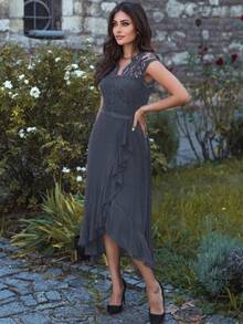 MIUSOL V 领花卉蕾丝荷叶边装饰雪纺晚会正式长裙，优雅女士派对礼服，适合婚礼宾客、毕业典礼、晚宴 - 灰色 - 查看 9