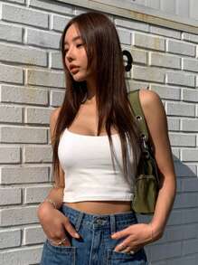 DAZY 纯色短款吊带背心 - 白色 - 查看 3