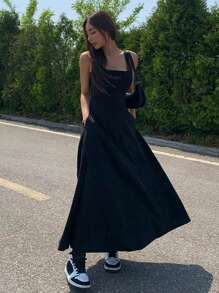 DAZY Solid Zip Back Cami Dress Sundress - Black - View 7