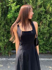 DAZY Solid Zip Back Cami Dress Sundress - Black - View 9