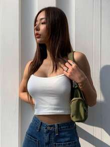 DAZY 纯色短款吊带背心 - 白色 - 查看 7