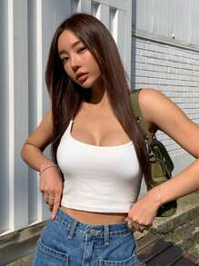 DAZY 纯色短款吊带背心 - 白色 - 查看 8
