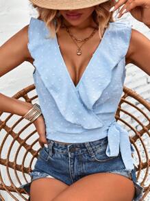 SHEIN LUNE Áo sơ mi nữ Thắt nút Xù Trọn gói màu trơn Giải trí - Màu xanh lam - Xem 2