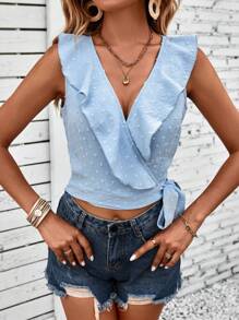 SHEIN LUNE Áo sơ mi nữ Thắt nút Xù Trọn gói màu trơn Giải trí - Màu xanh lam - Xem 4