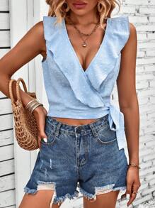 SHEIN LUNE Áo sơ mi nữ Thắt nút Xù Trọn gói màu trơn Giải trí - Màu xanh lam - Xem 5