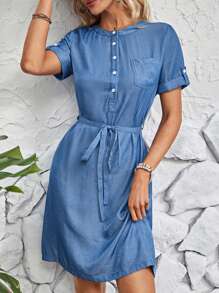 EMERY ROSE 捲邊袖繫腰帶連衣裙 - 霧霾藍 - 查看 6