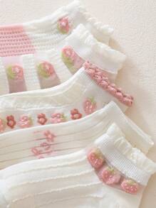 5雙兒童花卉圖案和草莓圖案襪子
