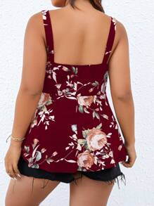 SHEIN Clasi Plus Floral Print Ruched Bust Peplum Cami Top - Burgundy - View 2