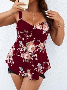 SHEIN Clasi Plus Floral Print Ruched Bust Peplum Cami Top - Burgundy - View 3
