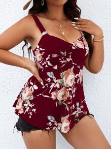 SHEIN Clasi Plus Floral Print Ruched Bust Peplum Cami Top - Burgundy - View 6