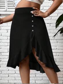 SHEIN LUNE 大碼紐扣細節荷葉邊半身裙 - 黑色 - 查看 3