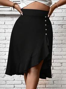 SHEIN LUNE 大碼紐扣細節荷葉邊半身裙 - 黑色 - 查看 6