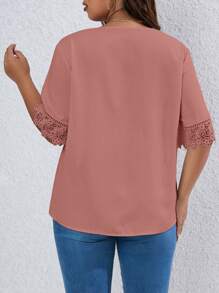 Celure Áo sơ mi Plus Size Tương phản ren Viên lá sen màu trơn Giải trí - Bụi hồng - Xem 2