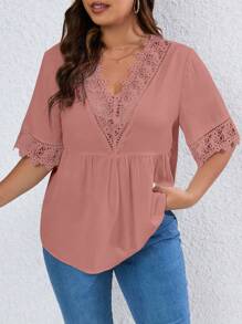 Celure Áo sơ mi Plus Size Tương phản ren Viên lá sen màu trơn Giải trí - Bụi hồng - Xem 3
