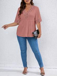 Celure Áo sơ mi Plus Size Tương phản ren Viên lá sen màu trơn Giải trí - Bụi hồng - Xem 4