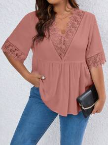 Celure Áo sơ mi Plus Size Tương phản ren Viên lá sen màu trơn Giải trí - Bụi hồng - Xem 5