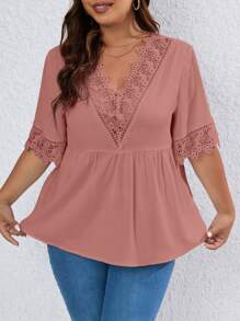 Celure Áo sơ mi Plus Size Tương phản ren Viên lá sen màu trơn Giải trí - Bụi hồng - Xem 6