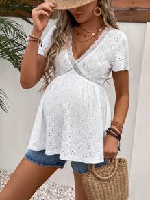 SHEIN Maternity Eyelet Embroidery Contrast Lace Peplum Tee - White - View 4
