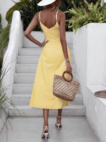 GENKIRA Striped Print Split Hem Cami Dress - Yellow - View 2