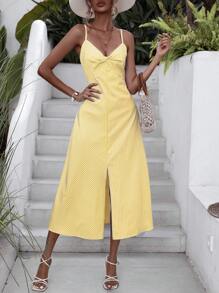 GENKIRA Striped Print Split Hem Cami Dress - Yellow - View 3