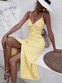 GENKIRA Striped Print Split Hem Cami Dress - Yellow - View 4