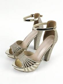 金屬亮絲錐形高跟踝帶高跟鞋 - 金色 - 查看 5