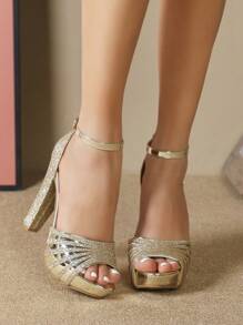 金屬亮絲錐形高跟踝帶高跟鞋 - 金色 - 查看 6