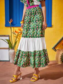 Yumiko Frida Kahlo X SHEIN X Designer 印花荷葉邊半身裙 - 彩色 - 查看 1