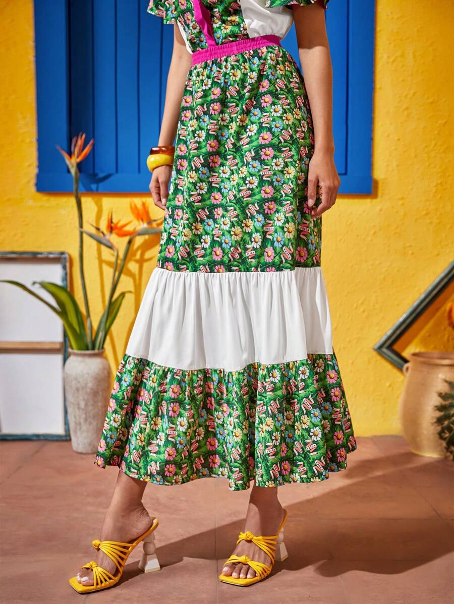 Yumiko Frida Kahlo X SHEIN X Designer 印花荷葉邊半身裙 - 彩色 - 查看 1