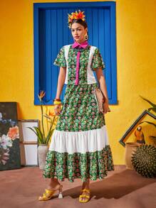 Yumiko Frida Kahlo X SHEIN X Designer 印花荷葉邊半身裙 - 彩色 - 查看 3