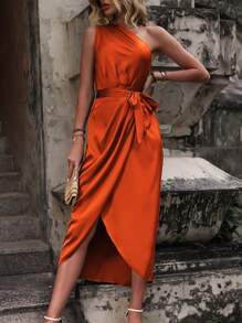 SHEIN Clasi One Shoulder Wrap Hem Belted Dress Maxi Satin Women Outfit - Burnt Orange - View 1