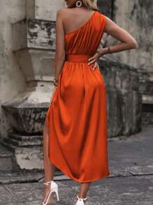 SHEIN Clasi One Shoulder Wrap Hem Belted Dress Maxi Satin Women Outfit - Burnt Orange - View 2