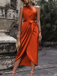SHEIN Clasi One Shoulder Wrap Hem Belted Dress Maxi Satin Women Outfit - Burnt Orange - View 5