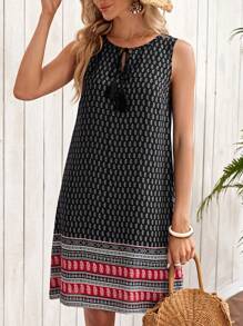 EMERY ROSE Women's Casual Paisley Print Fringe Tie-Up Sleeveless Mini Dress, Suitable For Summer Vacation - Multicolor - View 2