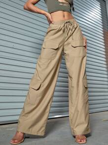 街側翻蓋口袋腰部抽繩闊腿工裝褲 - 卡其色 - 查看 1