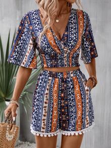 SHEIN VCAY Allover Print Surplice Neck Crop Top & Shorts - Multicolor - View 3