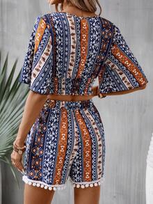 SHEIN VCAY Allover Print Surplice Neck Crop Top & Shorts - Multicolor - View 4