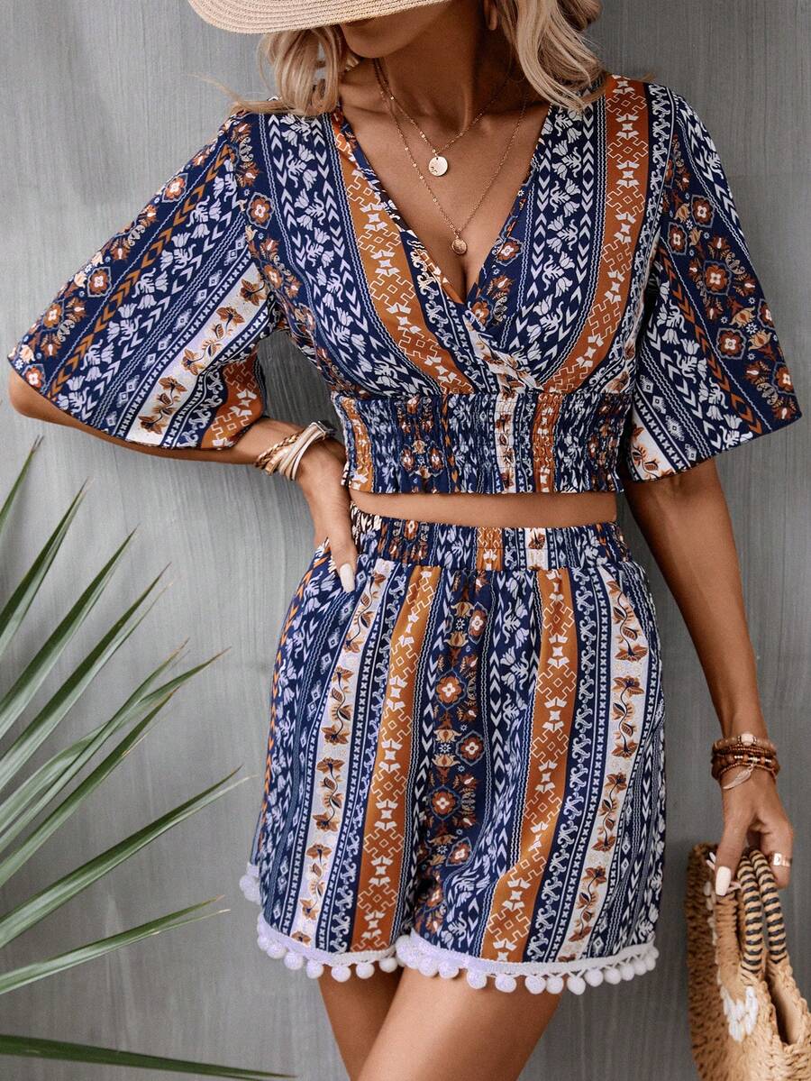 SHEIN VCAY Allover Print Surplice Neck Crop Top & Shorts - Multicolor - View 1