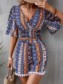 SHEIN VCAY Allover Print Surplice Neck Crop Top & Shorts - Multicolor - View 2